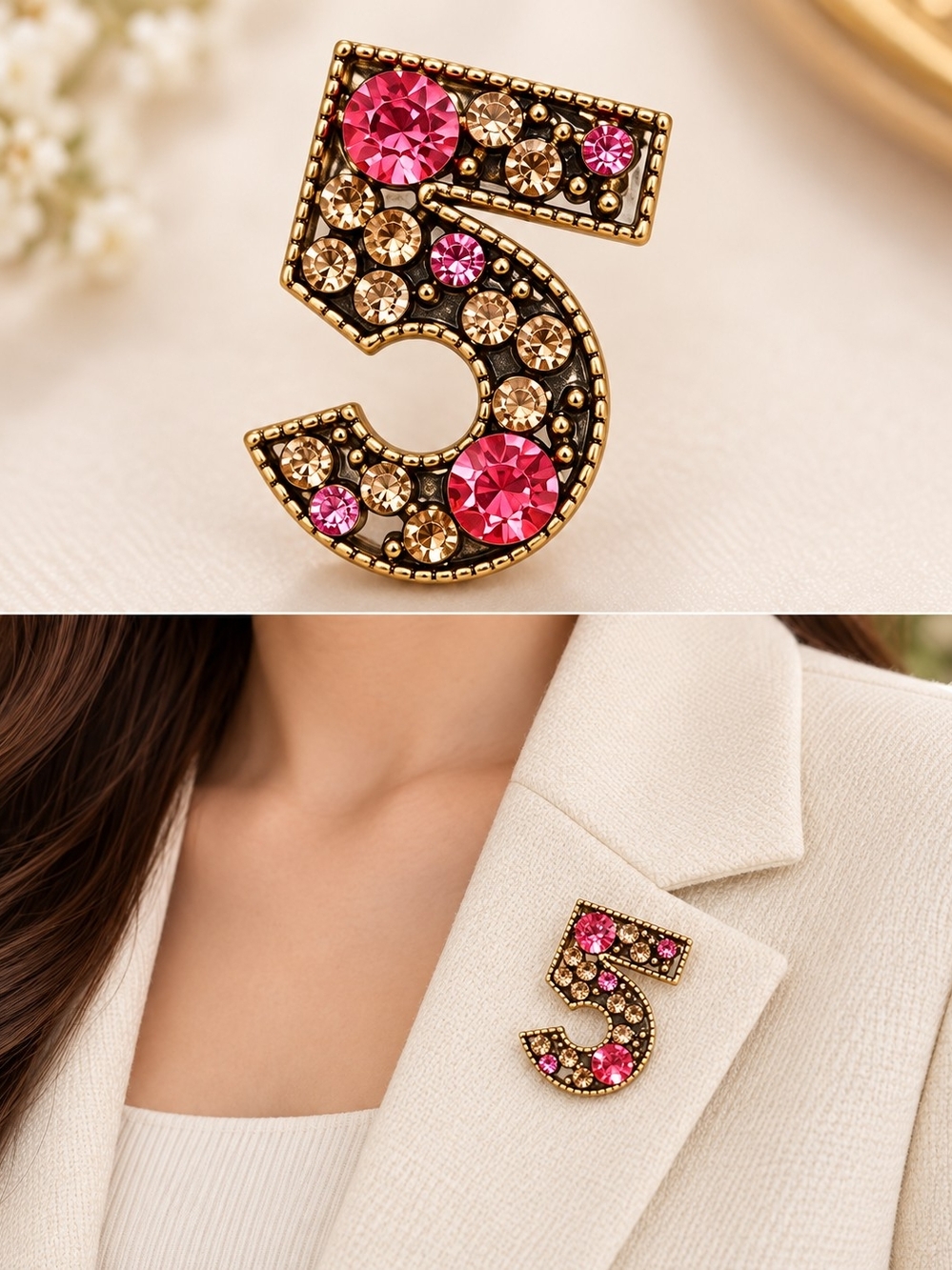 Gold Number 5 Brooch with Pink and Champagne Crystals